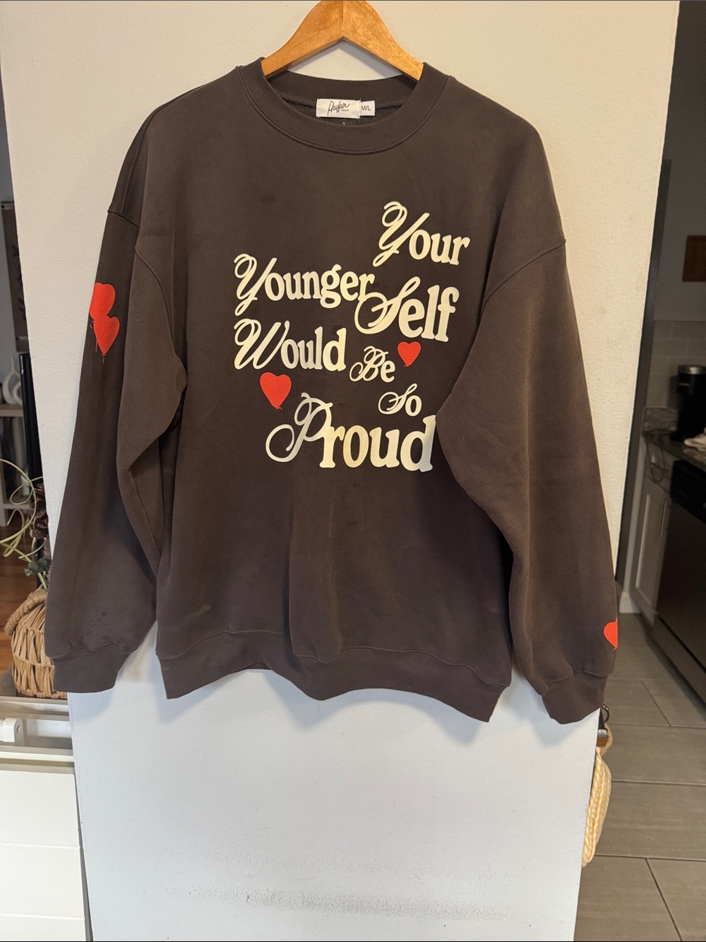 Graphic Crewneck Sweatshirt - Black with Cream Script & Red Hearts